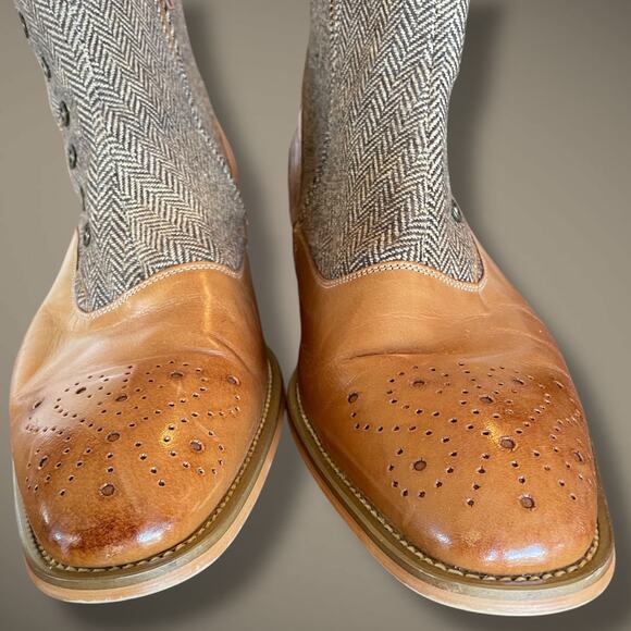 Men's Sz 11 GIOVANNI Edison Light Cognac Brown Leather Tweed Button Spat Boots - Picture 5 of 13